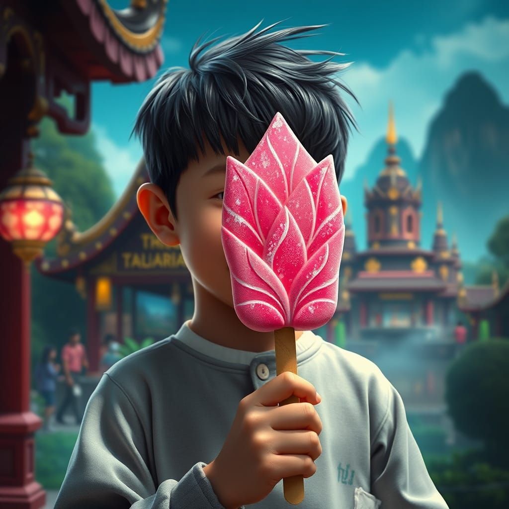 Japanese Boy with Lotus Ice Cream, Detailed Matte Painting