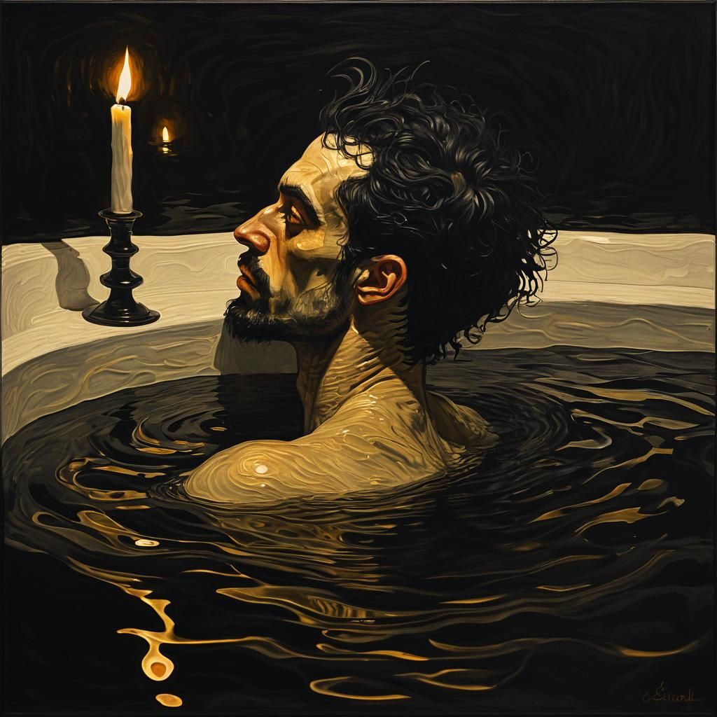 Symbolist Bath Scene with Raven in Klimt Style