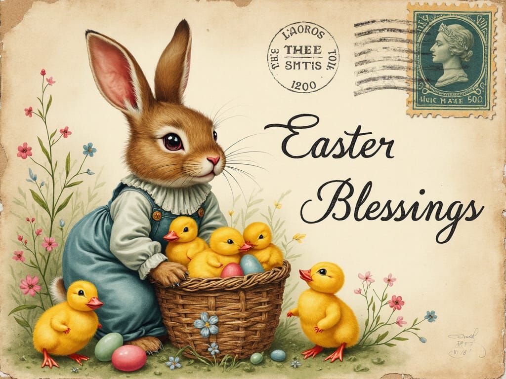 Vintage Easter Postcard with Anthropomorphic Bunny and Chick...