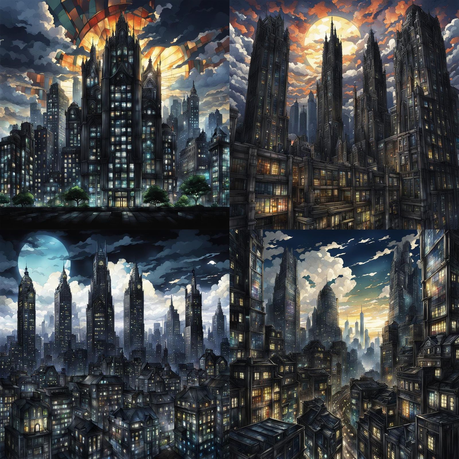 Dark City Skyscrapers with Stained Glass in Anime Style