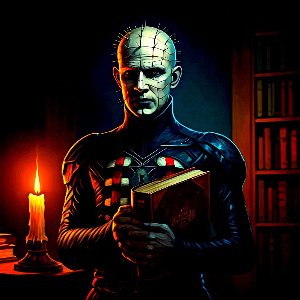 Pinhead in Dim Library, Goya-esque Horror Illustration