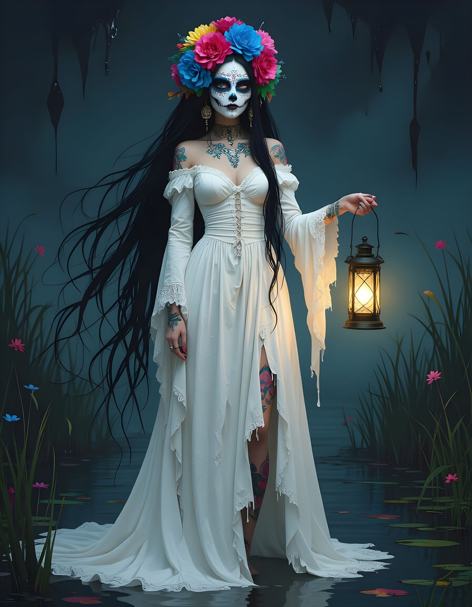 Woman with Flowers in Hair and Face Mask Holding Lantern