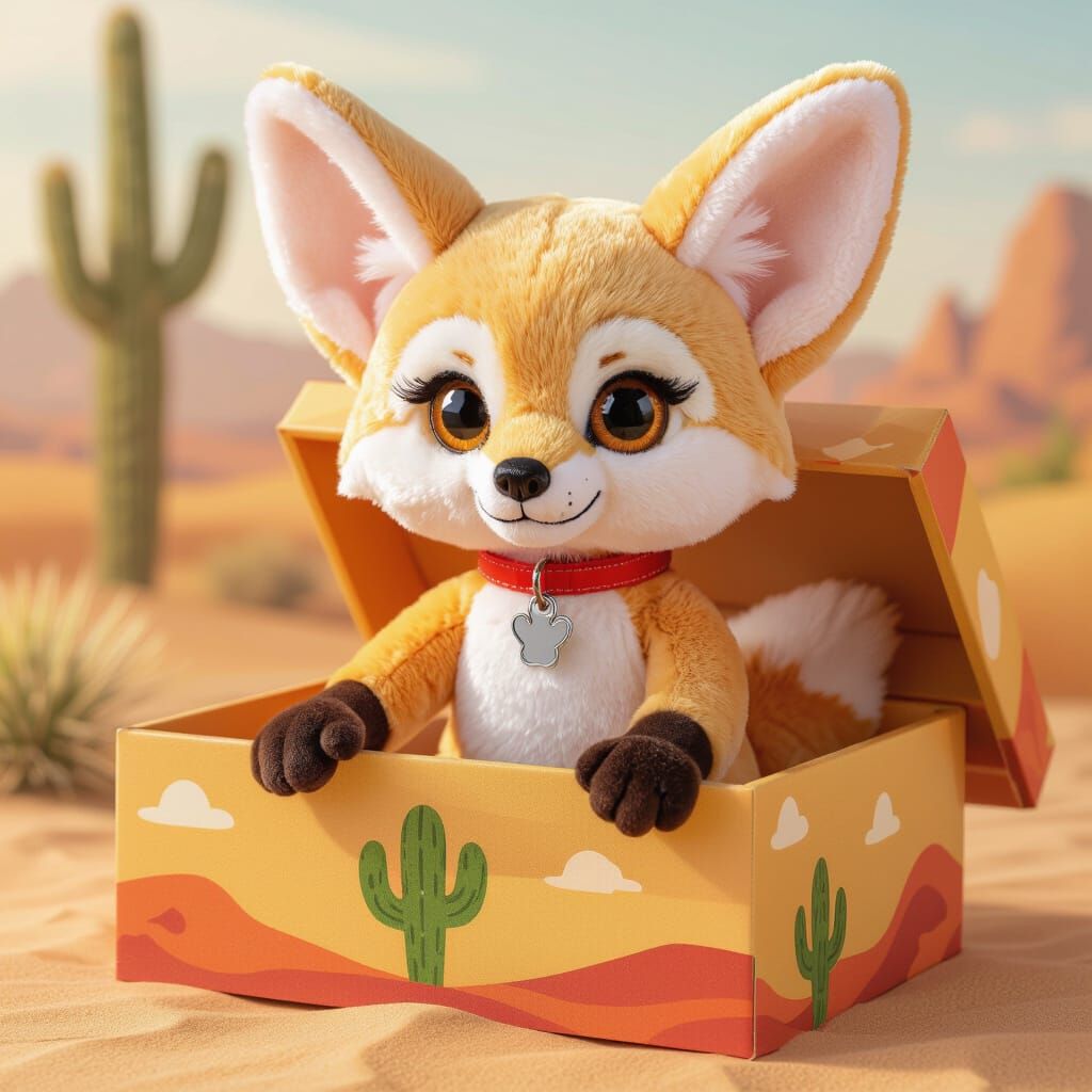 Robotic Fennec Fox Plush Toy in Desert Toy Box