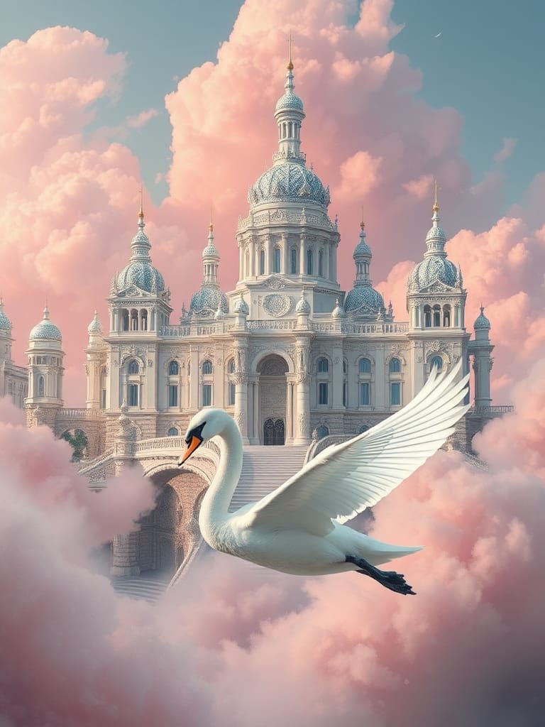 Majestic White Palace with Swan in Dreamy Pink Clouds