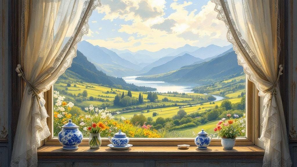 Tranquil Valley View Through Cottage Window