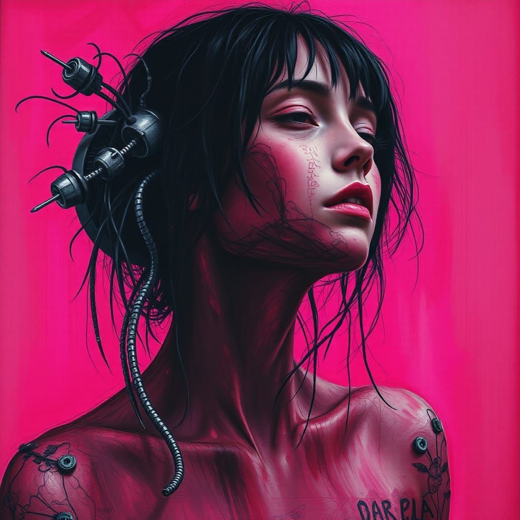 Woman in Velvety Pink Hue with Biomechanical Accents