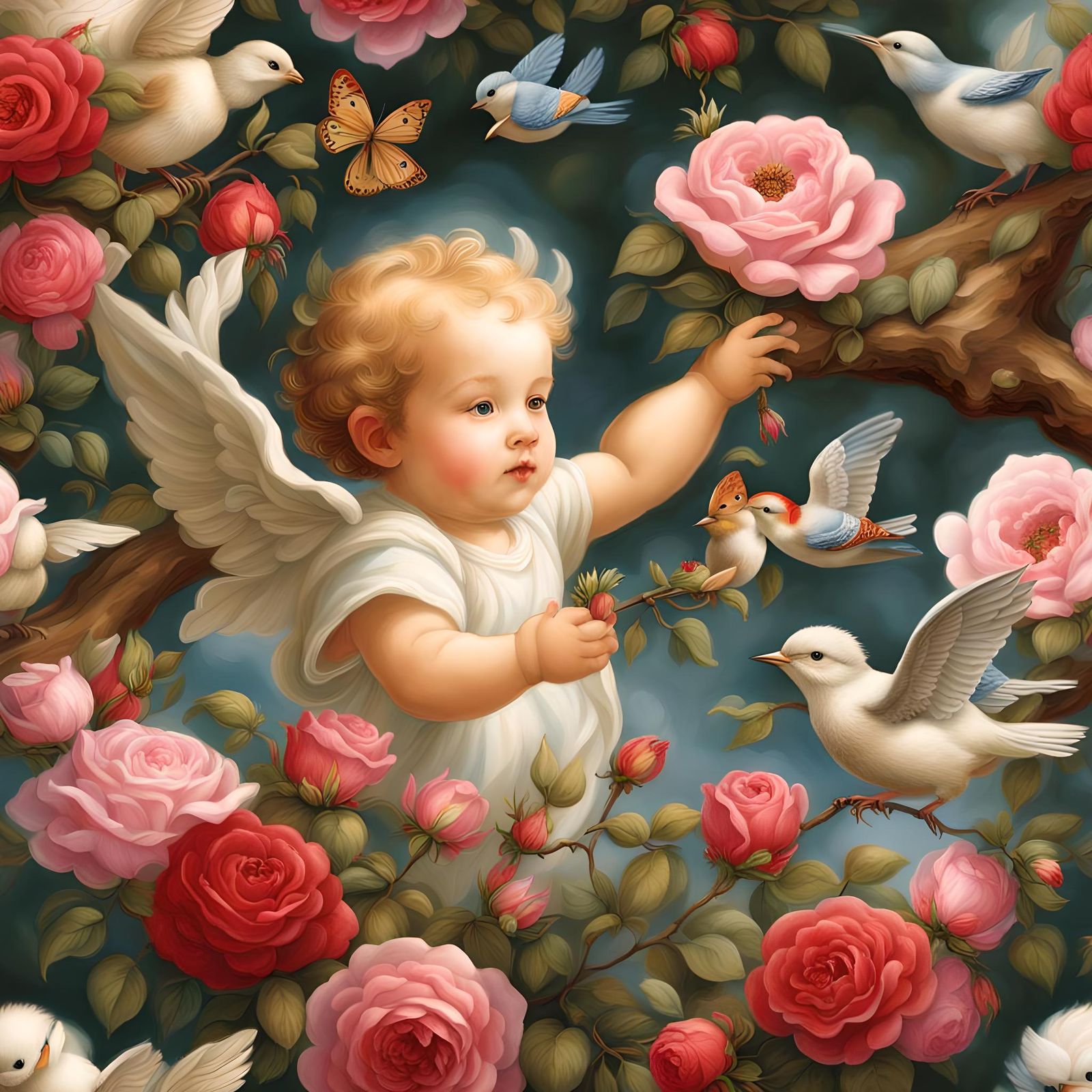 Cherubic Babies Play in Celestial Rose Garden