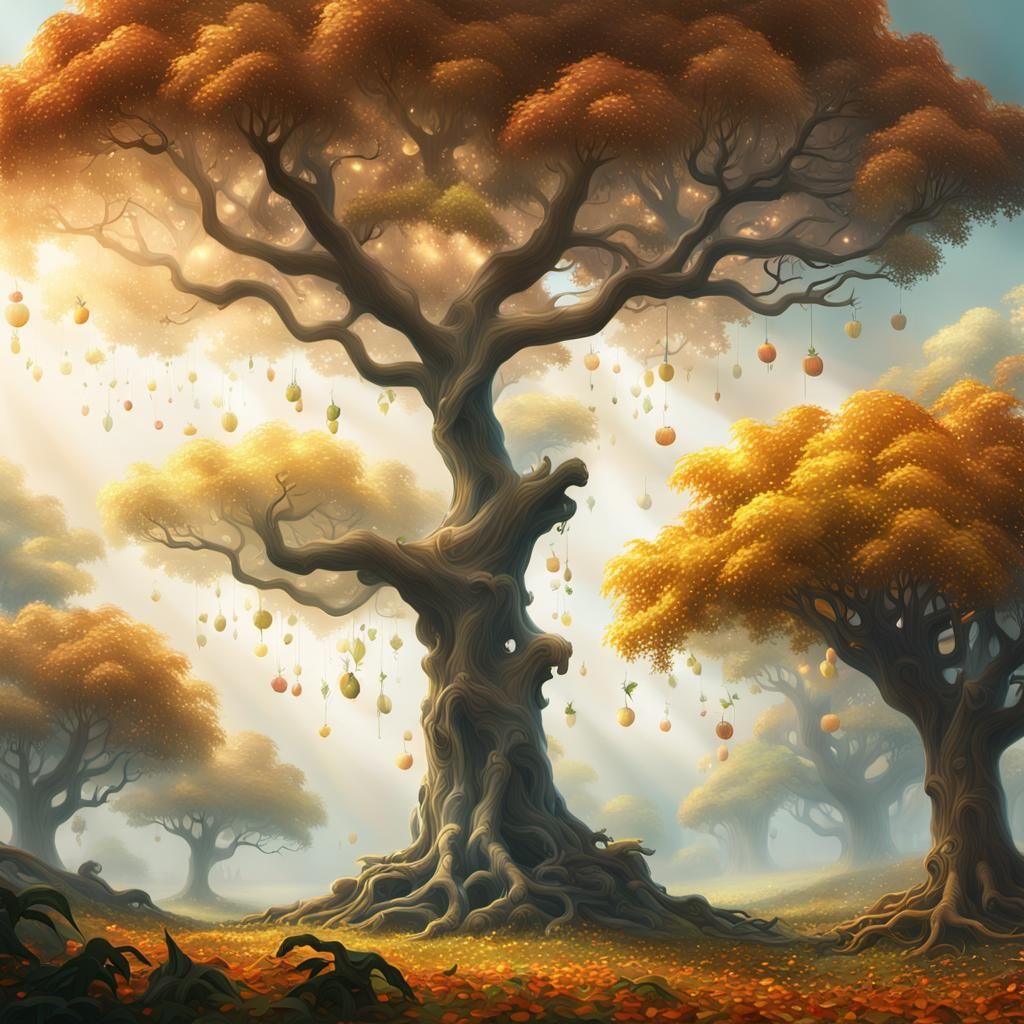 Luminous Fruit Tree in Grand Surreal Landscape