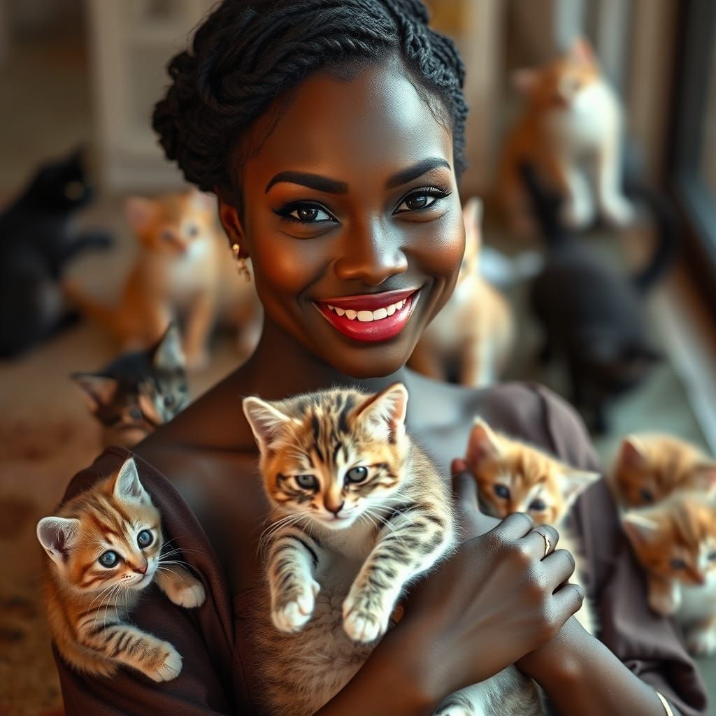 Dark Skinned Woman Embracing Kittens in Elegant Setting