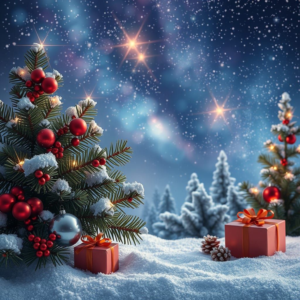Winter Wonderland Scene with Gift Boxes and Twinkling Stars