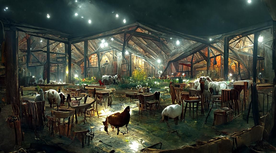 Elaborate Barn Cafe at Night, Hyperdetailed Digital Art