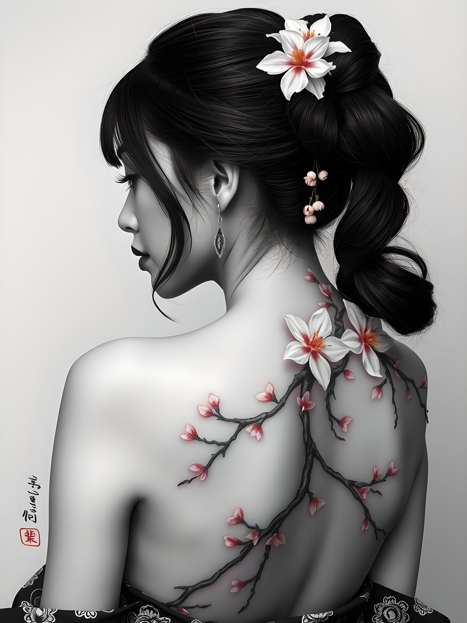 Japanese Woman with Cherry Blossom Tattoo Portrait