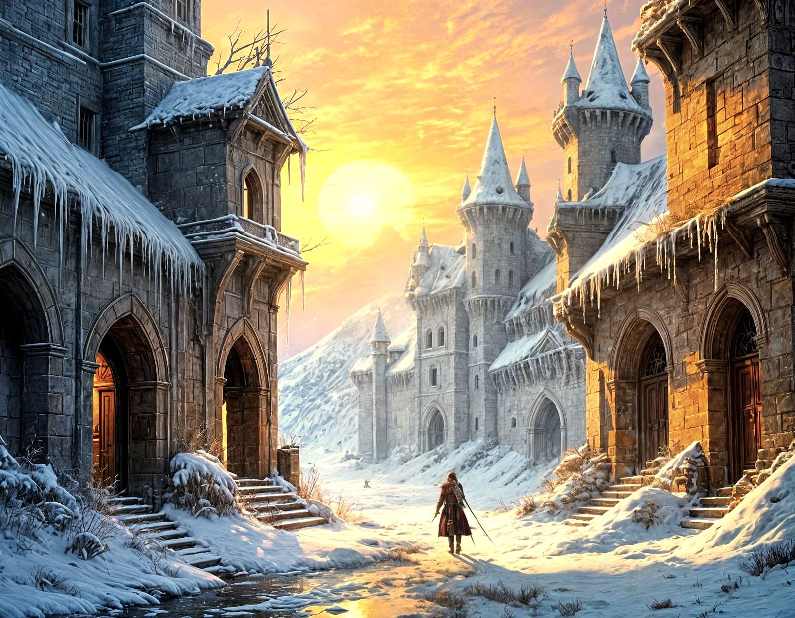 Knightly Horsemen Approach Snowbound Castle at Blood-Red Sun...