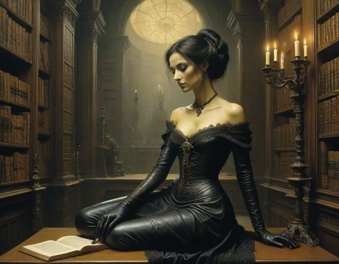 Elegant Woman in Gothic Library Setting