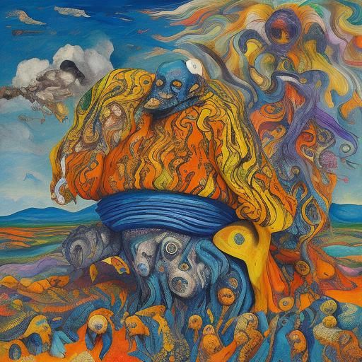 Psychedelic Travelers in Colorful Oil Painting Landscape
