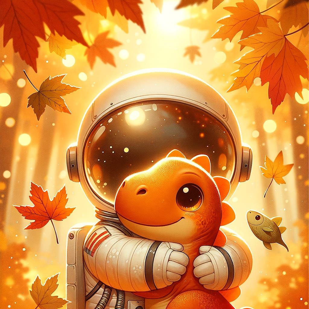 Astronaut Hugs Baby Dinosaur in Cozy Autumn Scene