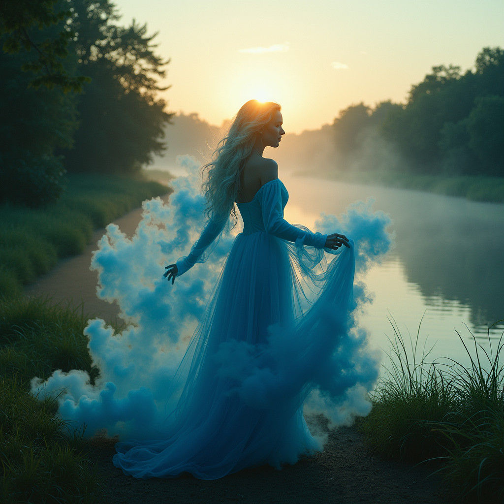 Smoky Woman by River in Cinematic Light