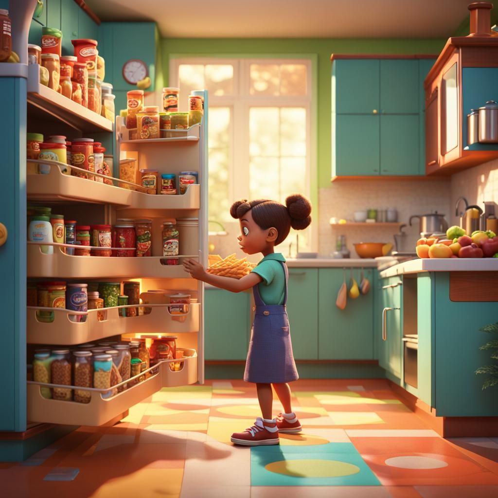 Child Reaching for Snacks in Mid-Century Kitchen