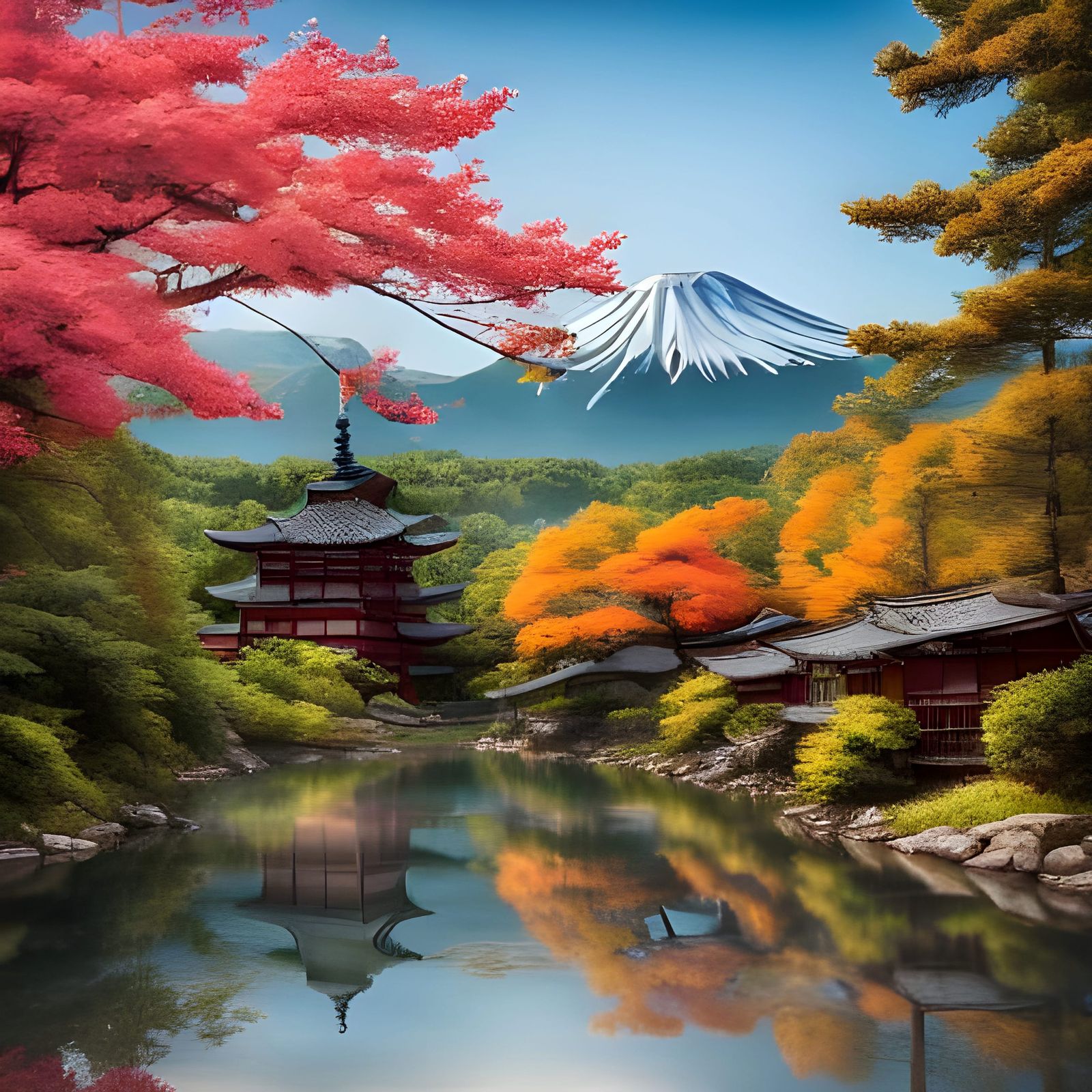 Hokkaido Autumn Lake Scene with Traditional Homes