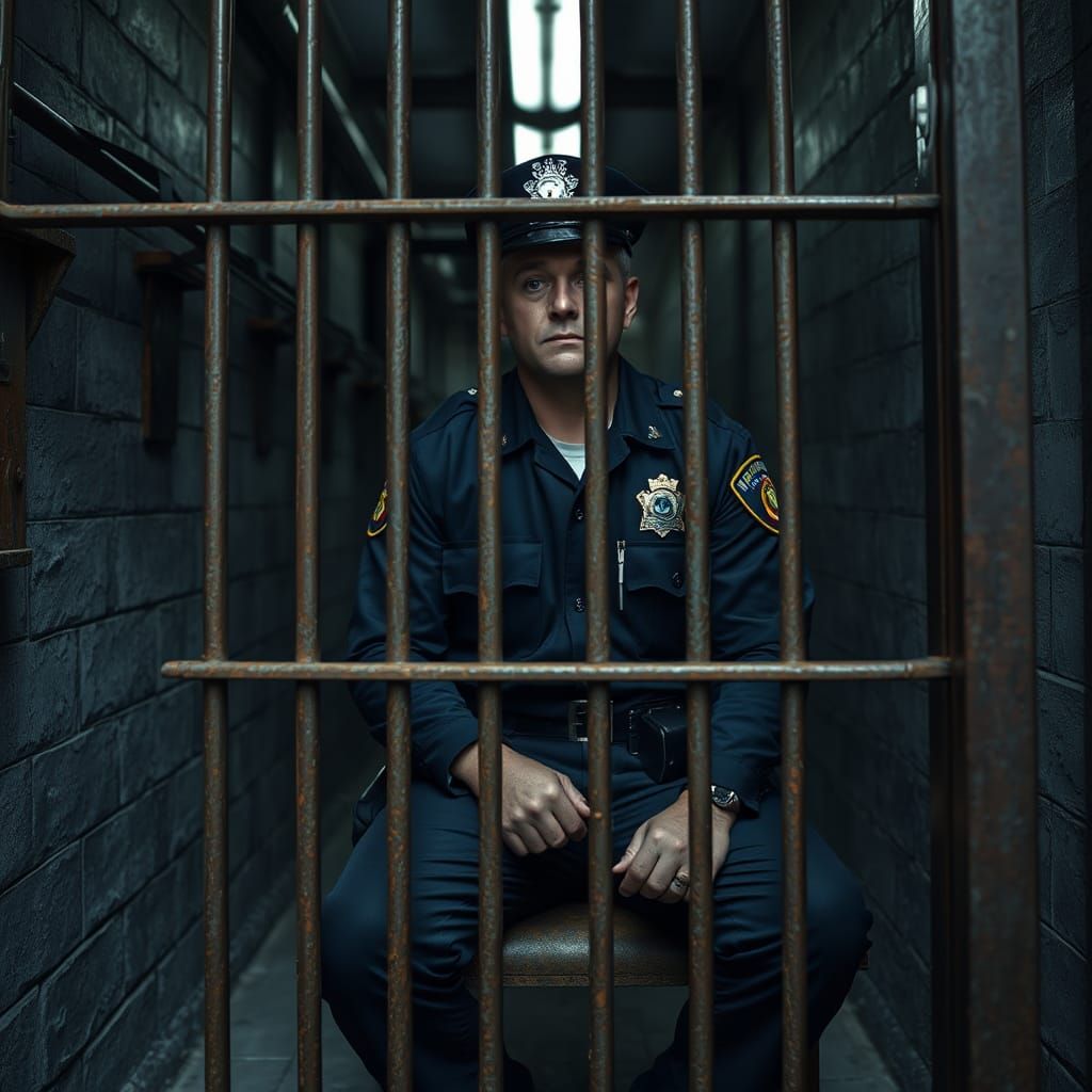 Corrections Officer Behind Bars in Film Noir Style