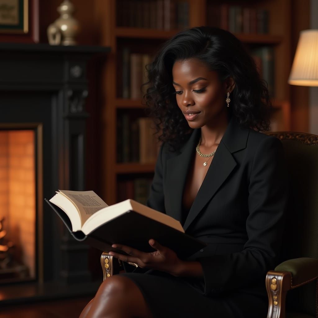 Professional Woman Reading in Elegant Mansion Study