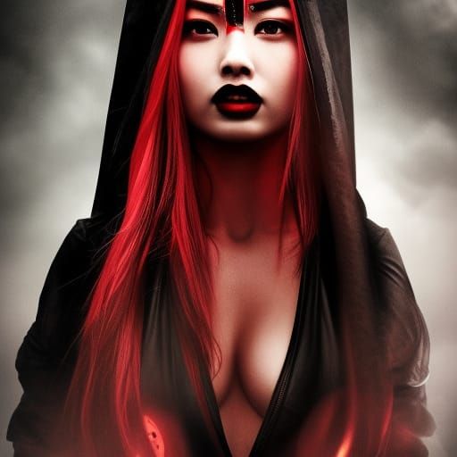 Dangerous Asian Barbarian Woman Portrait in Dark Fantasy Sty...