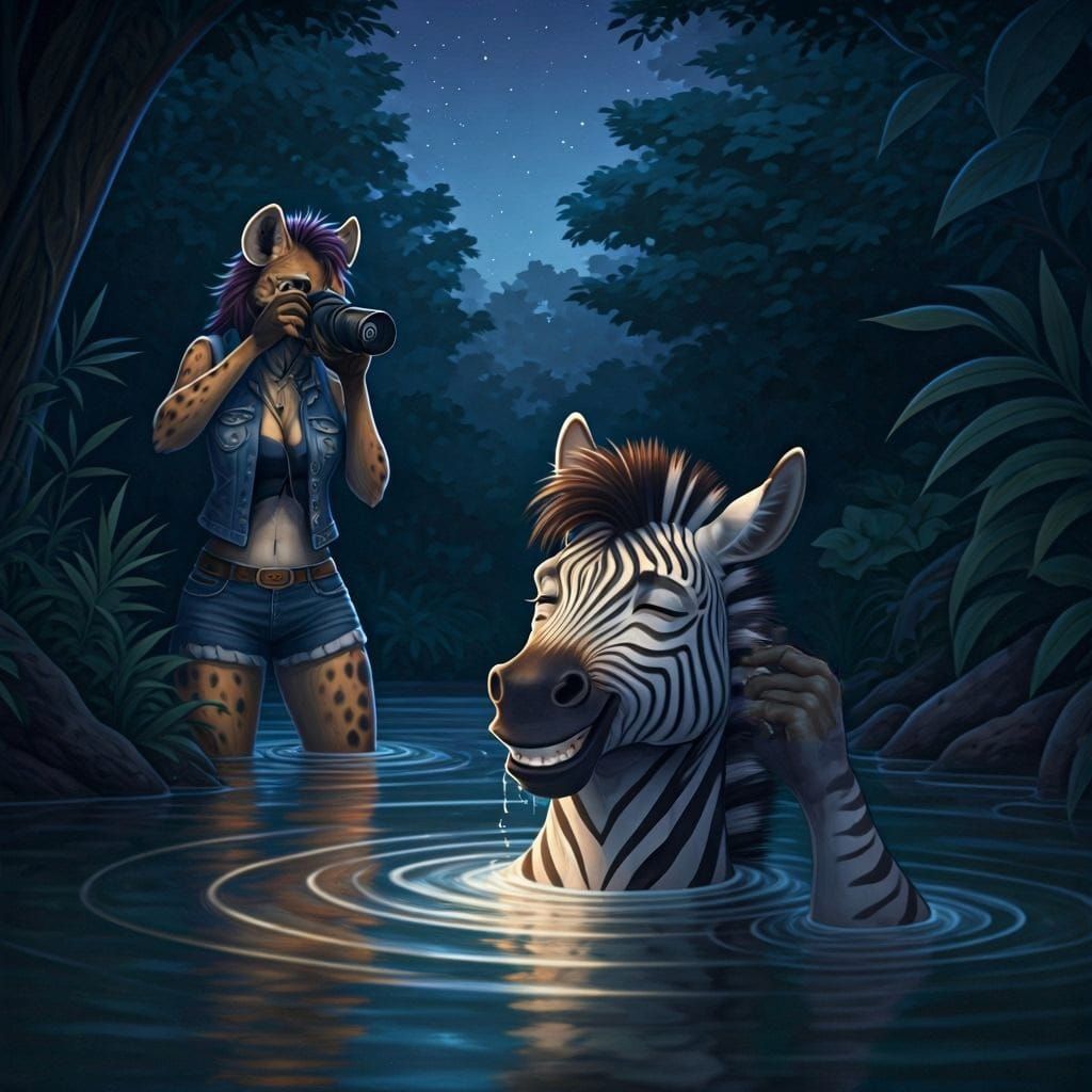 Anthropomorphic Zebra Photographed by Hyena in Forest Spring