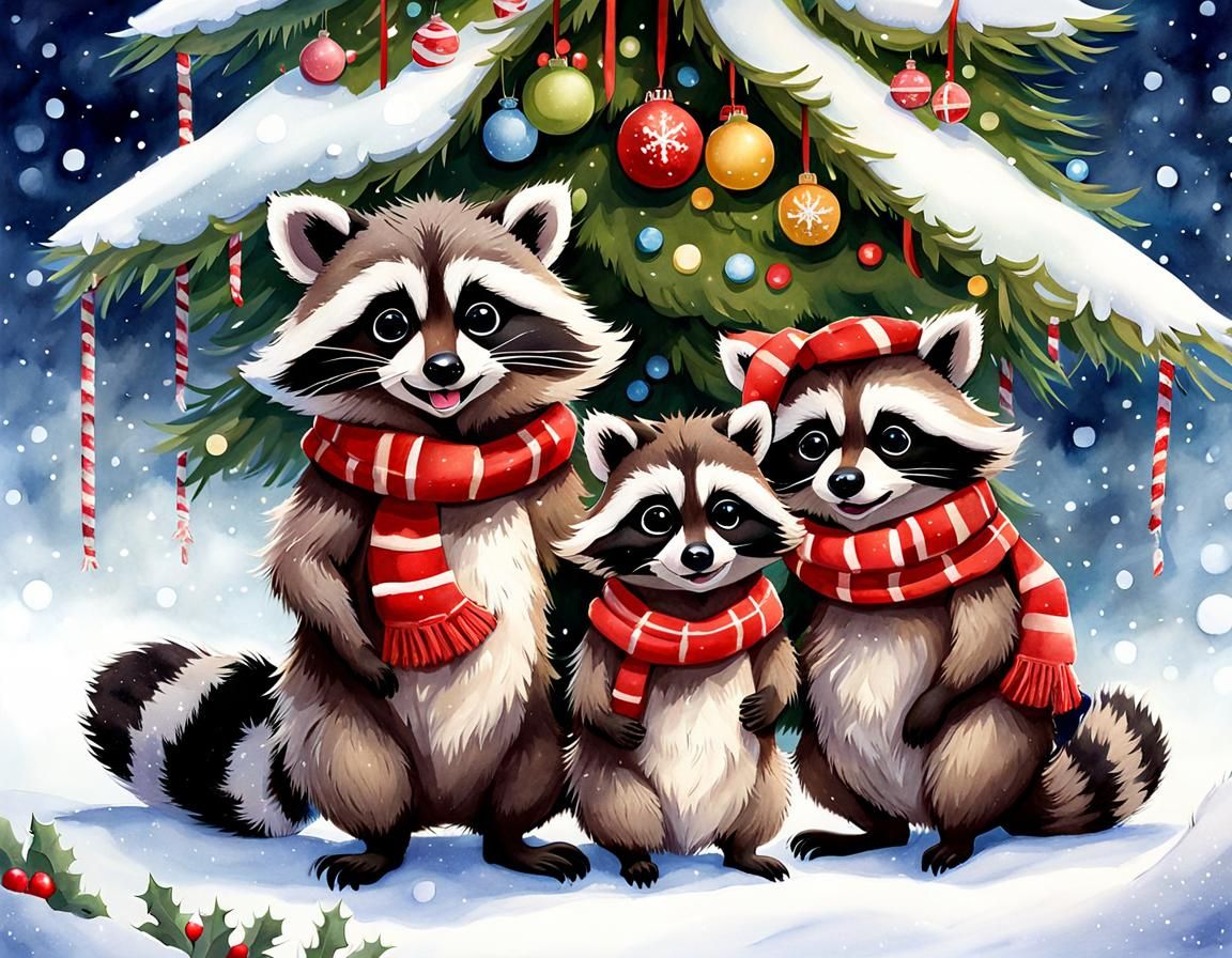 Raccoon Family Christmas Watercolor Illustration