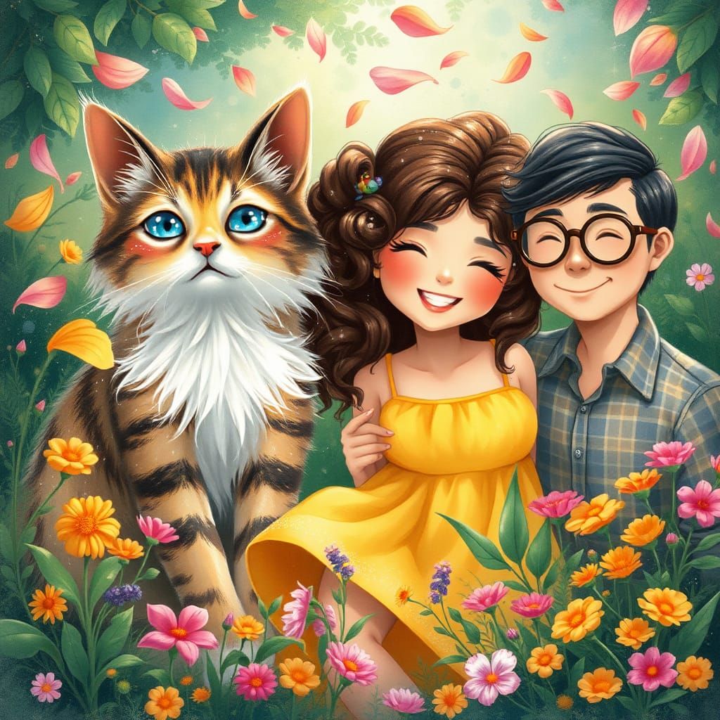 Whimsical Cats and Friends in Magical Garden