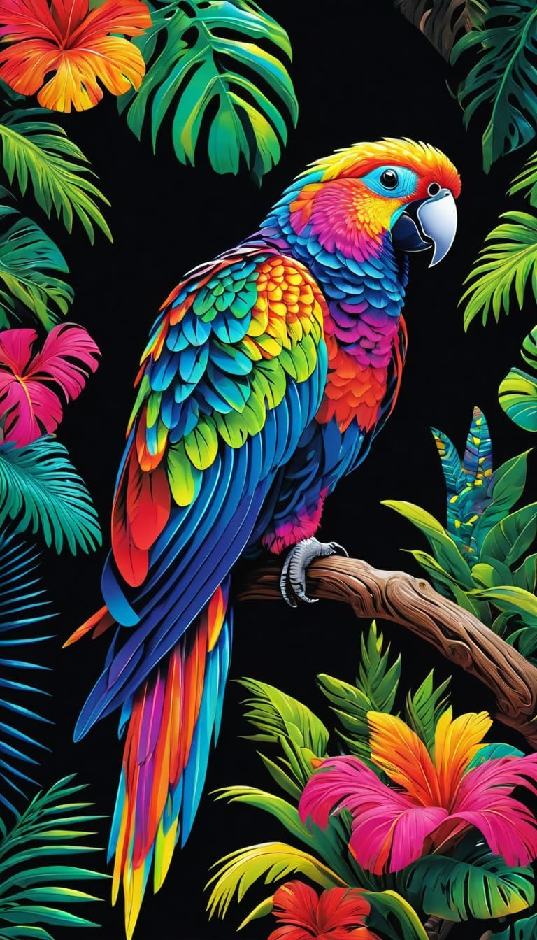 Psychedelic Rainbow Parrot in Blacklight Jungle