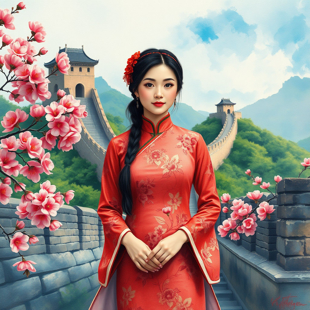 Chinese Lady at Great Wall with Plum Blossoms