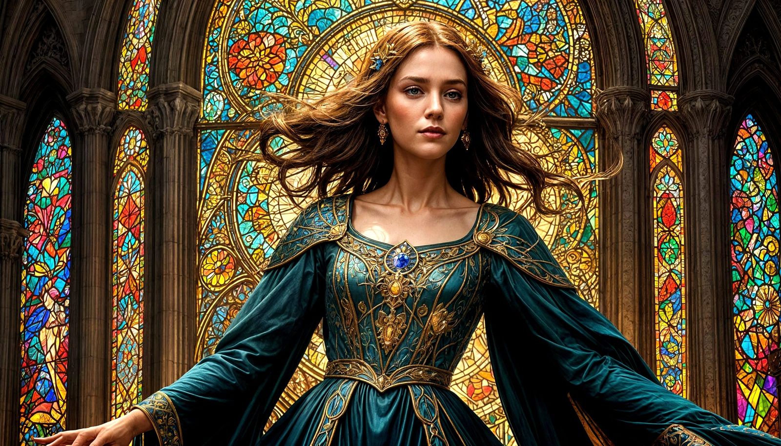 Stained Glass Gown Depicting Cathedral Scene