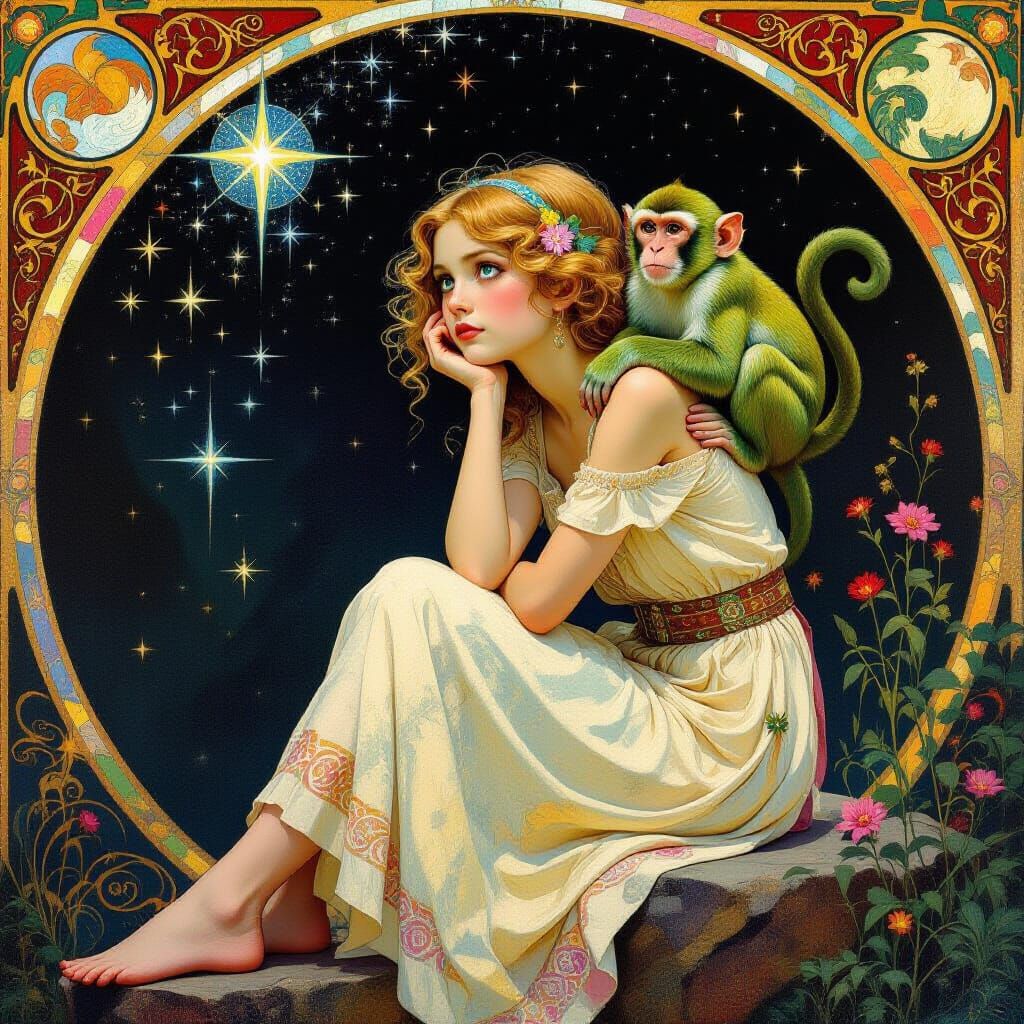Ethereal Stardust Girl and Monkey at Eternity's Edge
