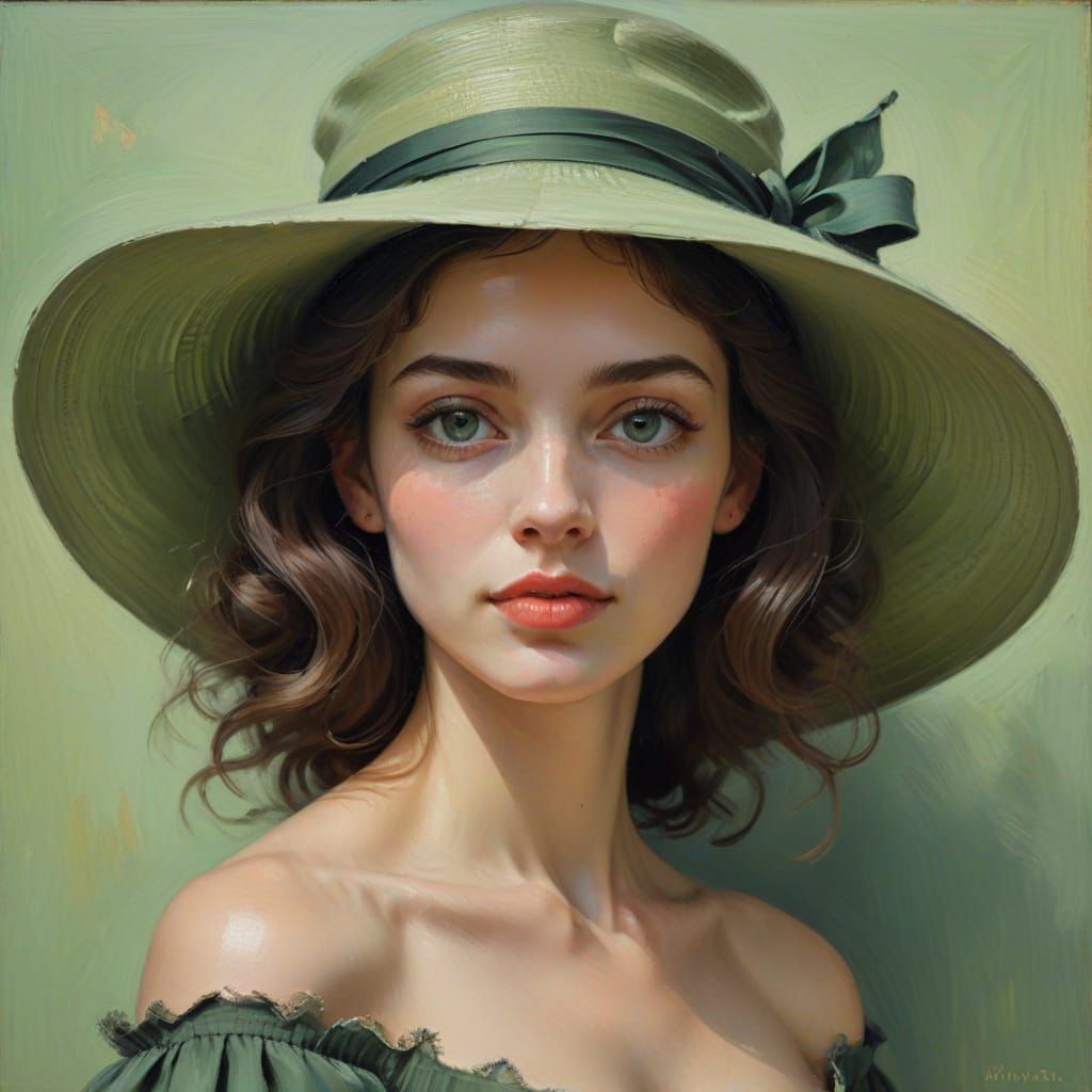 Elegant Portrait of a Woman in Green Hat, as Oil Painting