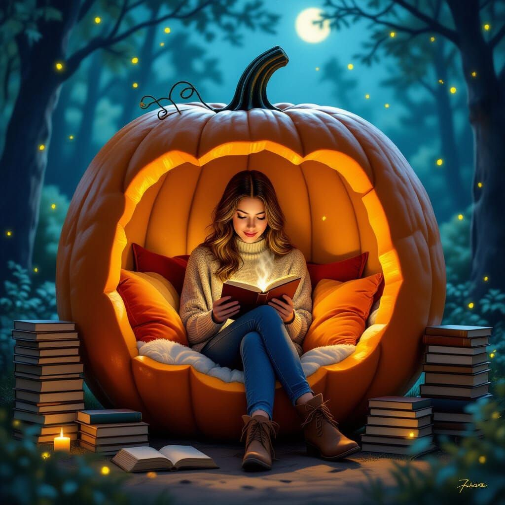 Cozy Reading Nook in Giant Pumpkin, Matte Painting