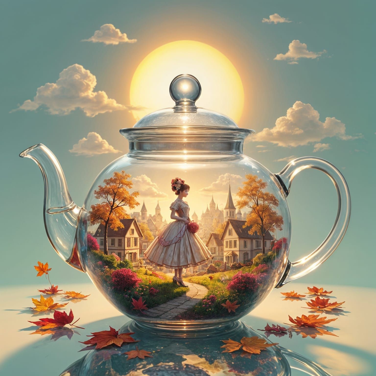 Glass Teapot with Fashionista and Autumn Village