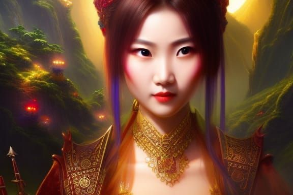 A absolutely gorgeous stunningly beautiful Chinese princess with large adorable amber eyes on a sunny beautiful day