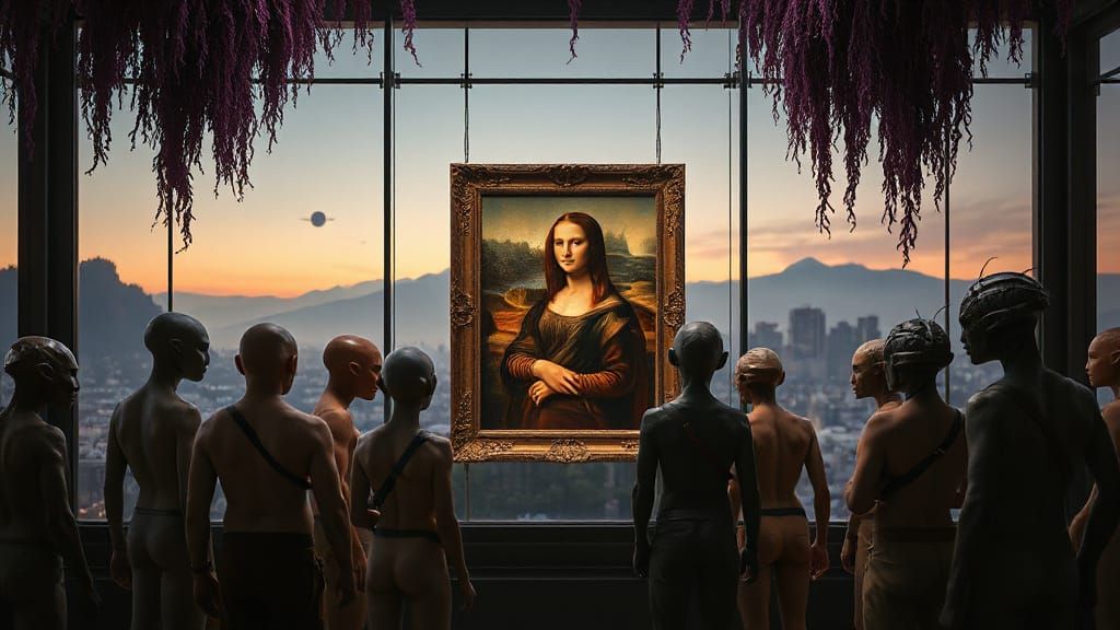 Aliens Admire Mona Lisa in Exotic Museum