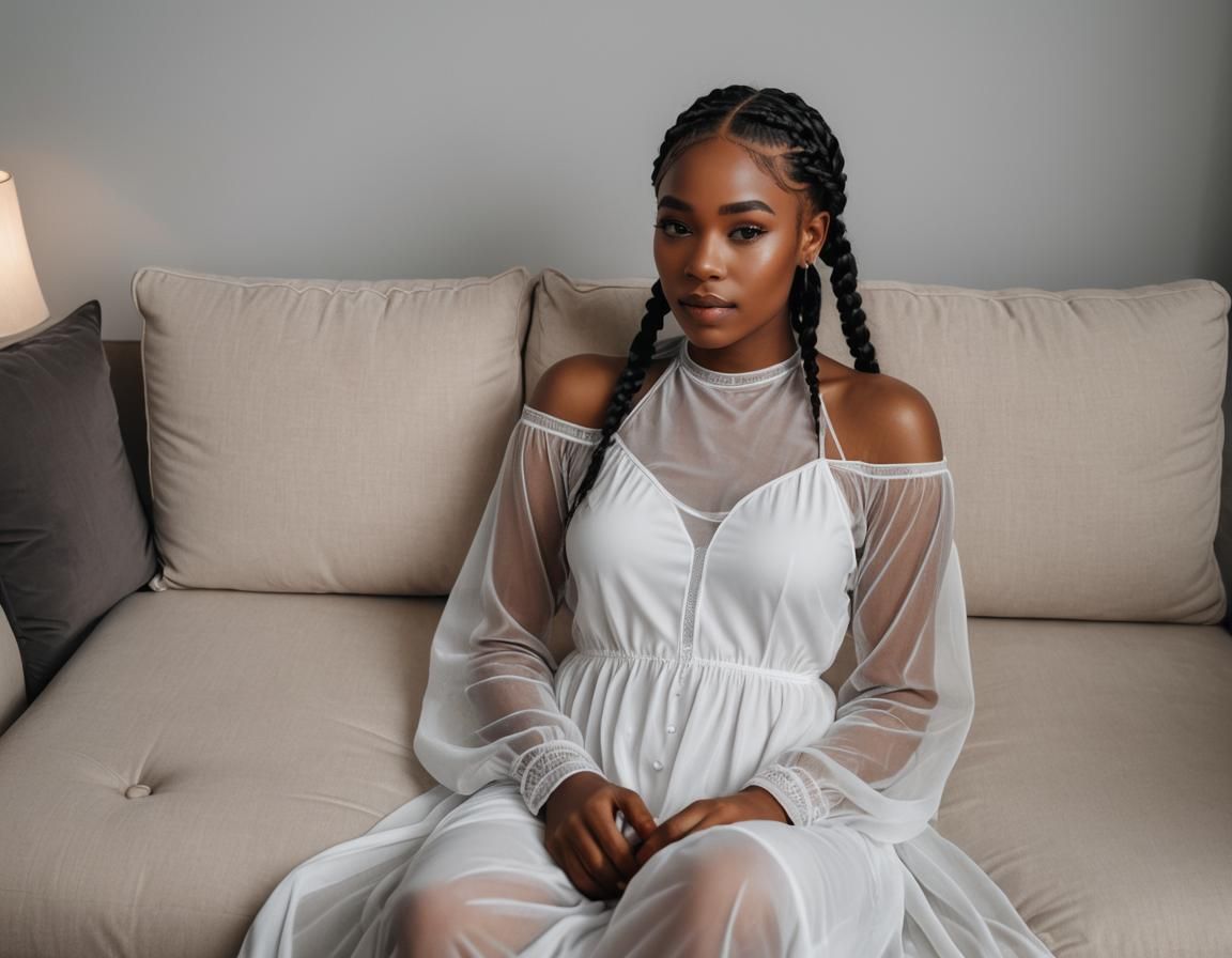 Woman in White Nightgown on Sofa