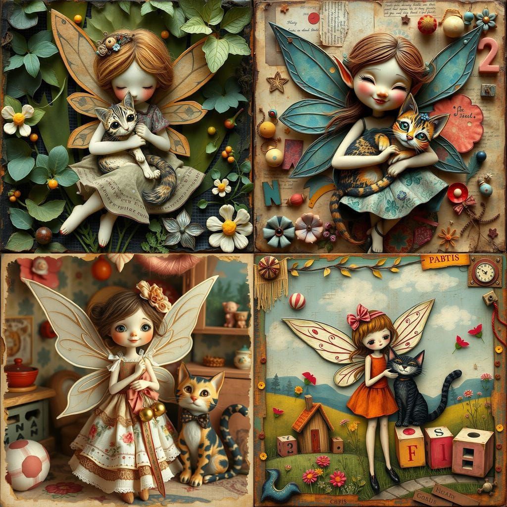 Enchanting Whimsical Collage of a Fairy and Feline Companion