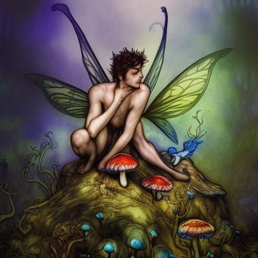 Handsome Male Fairy on Mushroom, Matte Painting