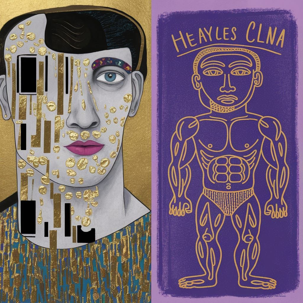 Gustav Klimt & Basquiat Fusion Art with Gold Leaf and Mimeog...