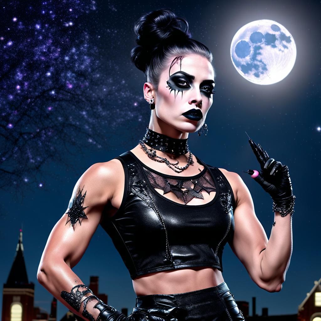 Victorian Gothic Punk Bodybuilder Under Full Moon