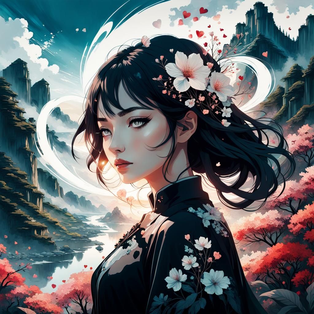 Fantasy Double Exposure Portrait with Hearts and Flowers