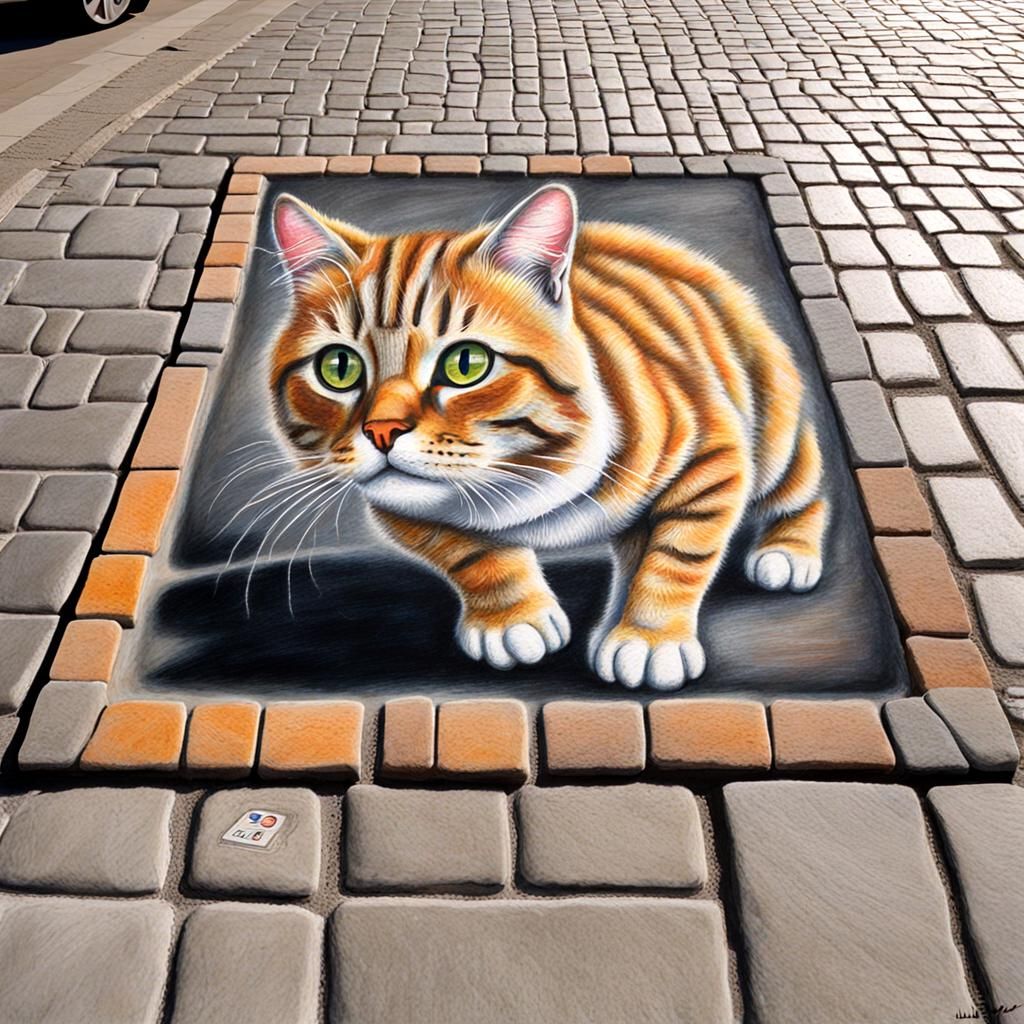 Professional Chalk Art of Cheshire Cat on Pavement