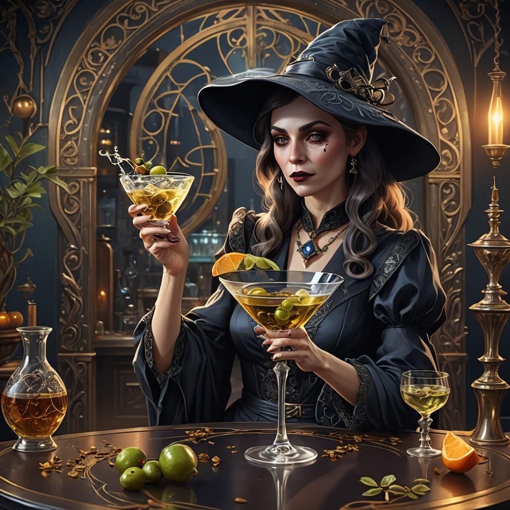 Sophisticated Witch Sipping a Martini in Art Nouveau Style