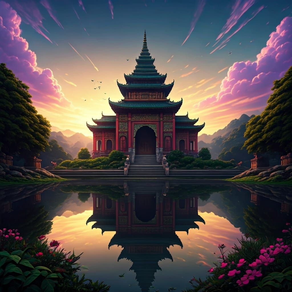 Temple at Sunrise Reflected in Lake, Digital Art