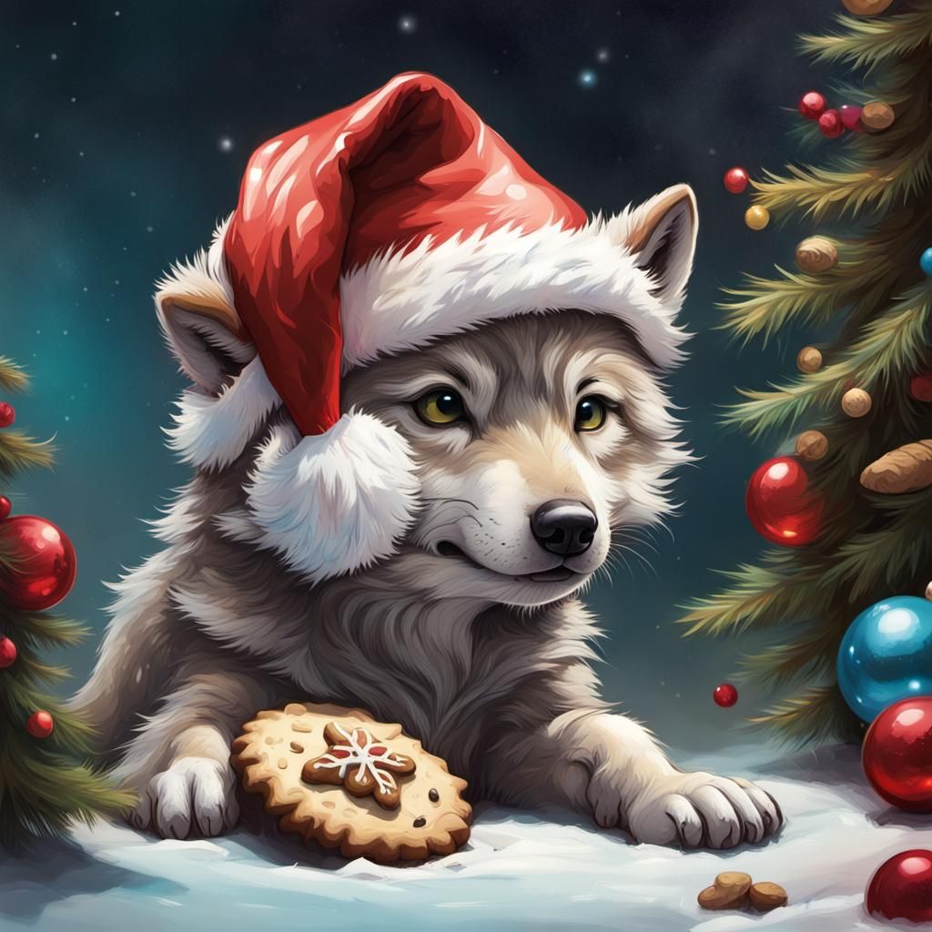 Festive Wolf Cub Celebrates Christmas