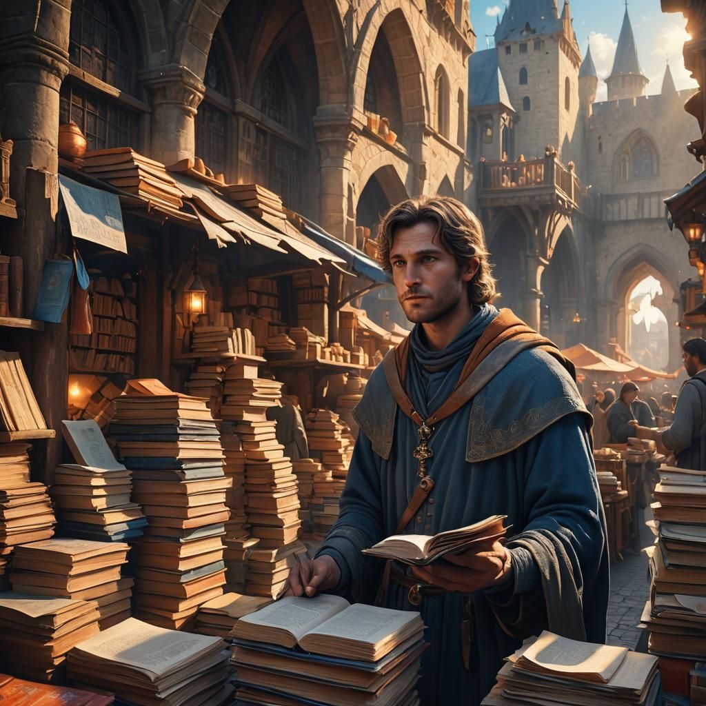 Fantasy Book Vendor in Medieval City Market