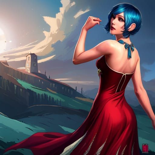 Blue-Haired Woman Portrait in Art Nouveau Style